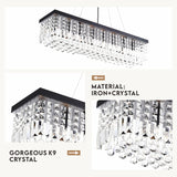 Modern Rectangle K9 Crystal Chandelier, Matte Black Iron E12 Bulb 8-Light Pendant Light For Dining Room Kitchen Room