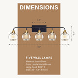 5-Lights Matte Black Antique Brass Color Iron Glass E26 Bulb Bedroom Wall-Mounted Lighting Fixtures Bathroom Vanity Light