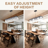 Modern Rectangle K9 Crystal Chandelier, Matte Black Iron E12 Bulb 8-Light Pendant Light For Dining Room Kitchen Room