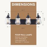 Indoor Modern Bedroom Wall Lamp In Matte Black, Iron Clear Glass Shade,4-Lights E26 Bulb Bathroom Vanity Light