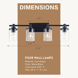 4-Light E26 Bulb Vanity Lights,Matte Black Bathroom Vanity Light Fixtures with Clear Glass, Wall Lamp for Bathroom, Living Room, Mirror, Bedroom, Hallway