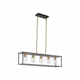 5-Lights Industrial Farmhouse Style Hanging Decorative Rectangle Pendant Lights, Black Antique Brass With Clear Glass Shade, Dining Room Kitchen Island Chandelier