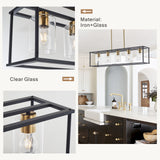 5-Lights Industrial Farmhouse Style Hanging Decorative Rectangle Pendant Lights, Black Antique Brass With Clear Glass Shade, Dining Room Kitchen Island Chandelier