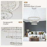 3-Layers Round Ring Chandelier, Iron Stainless Steel Crystal Chrome Color 4000K Natural White Lighting Fixtures, 60w LED Pendant Light For Living Room Dining Room