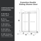 56" - 60"W x 76"H Frameless Double Sliding Shower Door, 3/8"(10mm) Clear Tempered Glass, Glass Door For Bathroom, Brushed nickel Finish