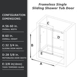 60"W x 60"H Bathtub Glass Frameless Single Sliding Shower Tub Door, 3/8"(10mm) Clear Tempered Glass, Glass Door For Bathroom, Matt Black Finish