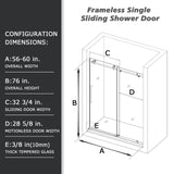 56" - 60"W x 76"H Frameless Single Sliding Shower Door, 3/8"(10mm) Clear Tempered Glass, Glass Door For Bathroom, Chrome Finish