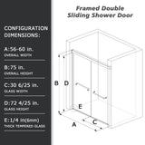 Framed Sliding Shower Door 56"-60"W x 75"H, Bypass Double Sliding Glass Door with 1/4"(6mm) Clear Glass, Matt Black Finish