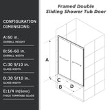 60"W x 60"H Bathtub Glass Sliding Shower Tub Door, 1/4 in.  Clear Glass, Framed Bypass Double Sliding Tub Glass Door, Matte Black Finish