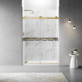 56" - 60"W x 76"H Frameless Double Sliding Shower Door, 3/8"(10mm) Clear Tempered Glass, Glass Door For Bathroom, Brass Finish